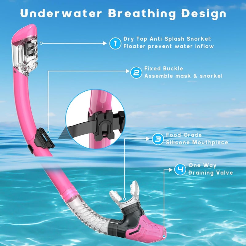 wutrye Snorkeling Gear for Adults, Dry Top Snorkel Mask Set, Diving Scuba Mask, Swimming Goggles with Nose Cover, HD Tempered Glass Panoramic Swim Freediving Anti-Leak Anti-Fog Travel Packages - Image 5